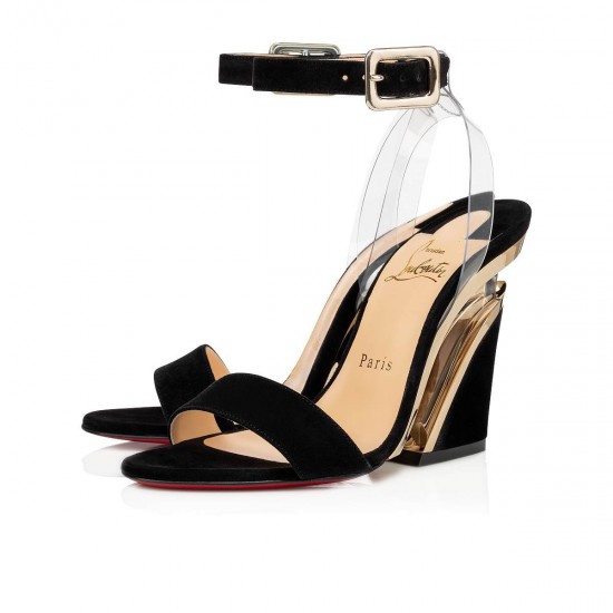 Christian Louboutin Levitalo 100mm Veau Velours Wedges Sandals Black Women