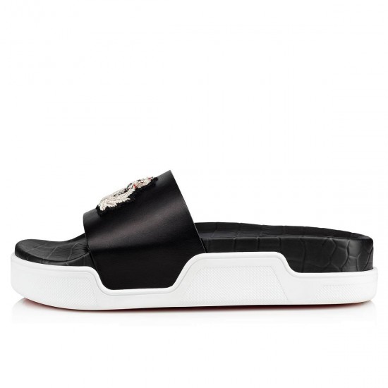 Christian Louboutin Pool Beau Donna Leather Slides Black/Silver Women