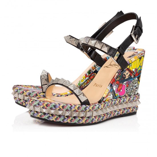 Christian Louboutin Pyraclou 110mm Calf Wedges Sandals Black/Multi Women