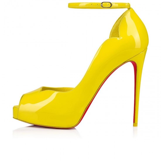 Christian Louboutin Round Chick Alta 120mm Patent Leather Peep Toe Pumps Yellow Women